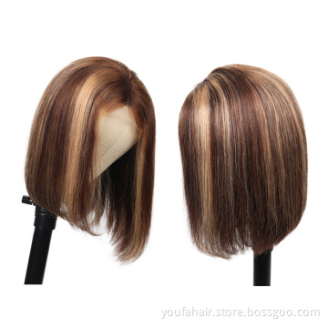 Brazilian Hair 4/27 Ombre Highlight Bob Wigs Straight 4x4 13x4 HD Lace Front Glueless Short Bob Human Hair Wigs for Black Women